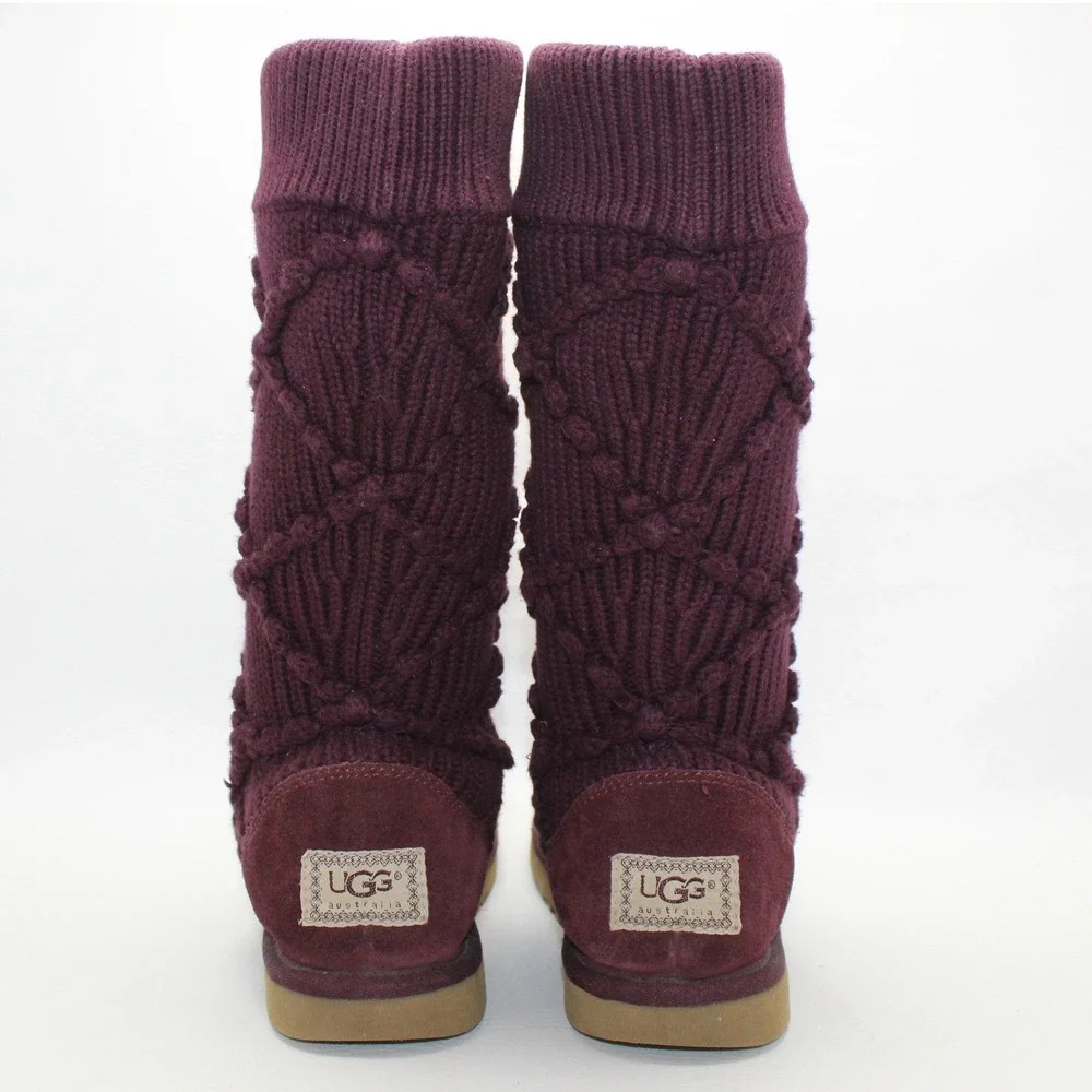 UGG Australia Argyle Knit Boots Burgundy Wine Rare Discontinued Style‎ Size 8